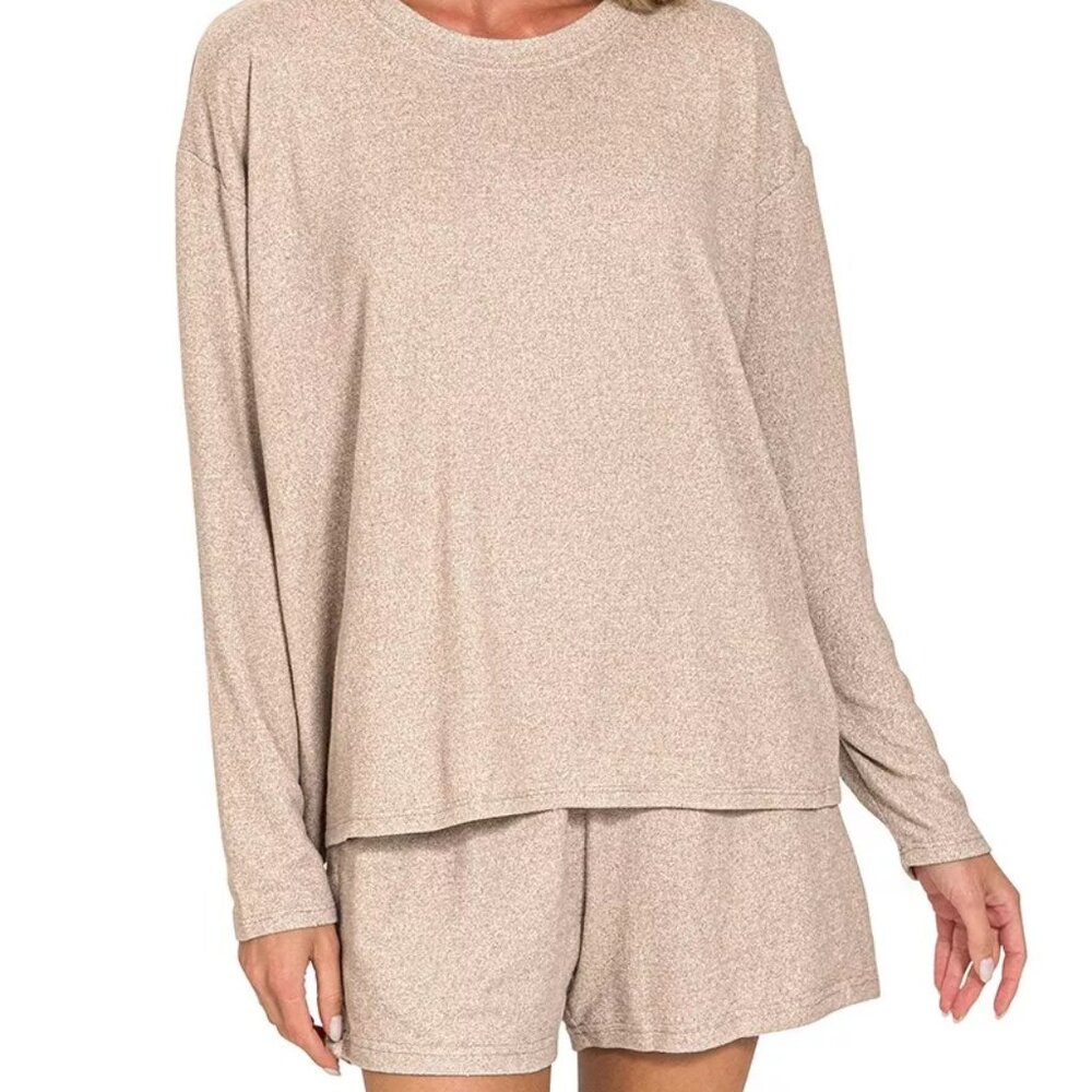 Zenana Soft Melange Long Sleeve Tee and Shorts Set